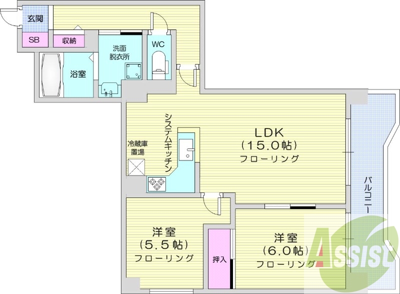2LDK、押入、クローゼット、独立洗面台、バストイレ別