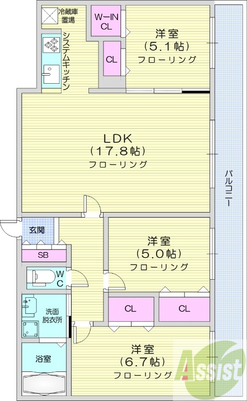 3LDK、都市ガス、エアコン、オートロック
