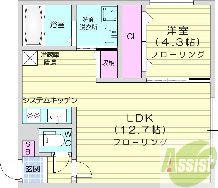 1LDK、エアコン、システムキッチン、ネット無料