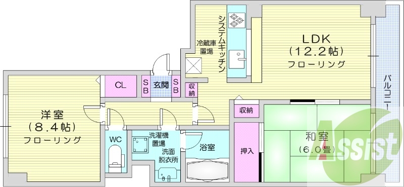 2LDK、クローゼット、洗面脱衣所、システムキッチン