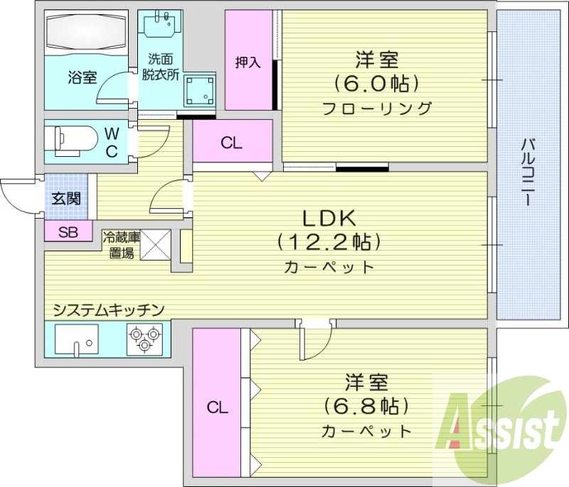 2LDK、バルコニー、システムキッチン、バストイレ別