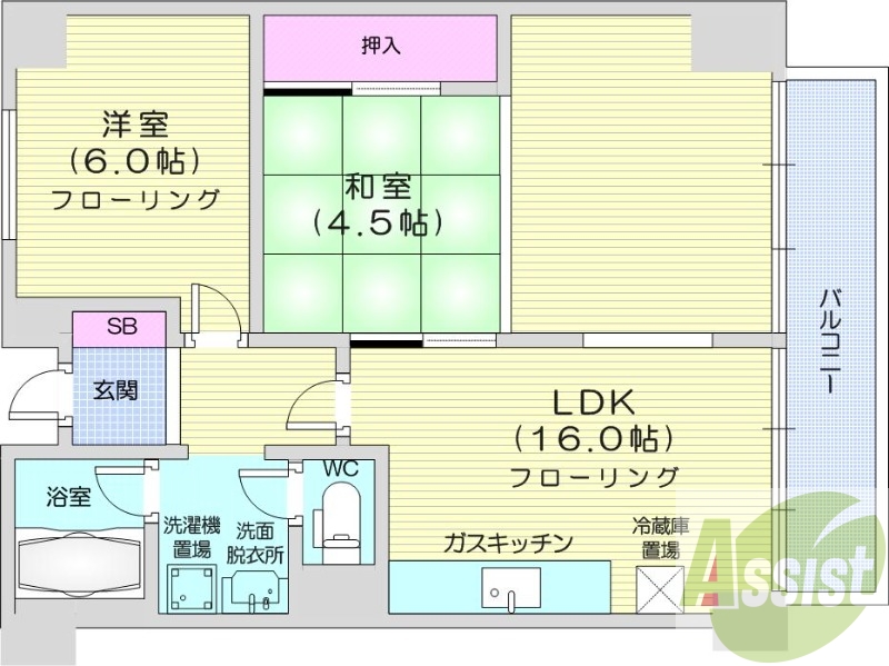 2LDK、分譲タイプ、都市ガス、バルコニー