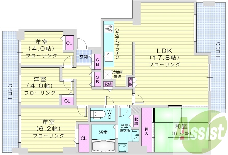 4LDK、分譲、都市ガス、エアコン、システムキッチン
