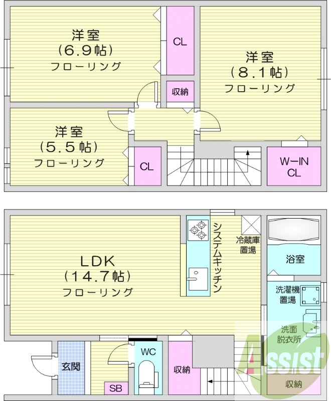 3LDK、追い焚き、エアコン、システムキッチン