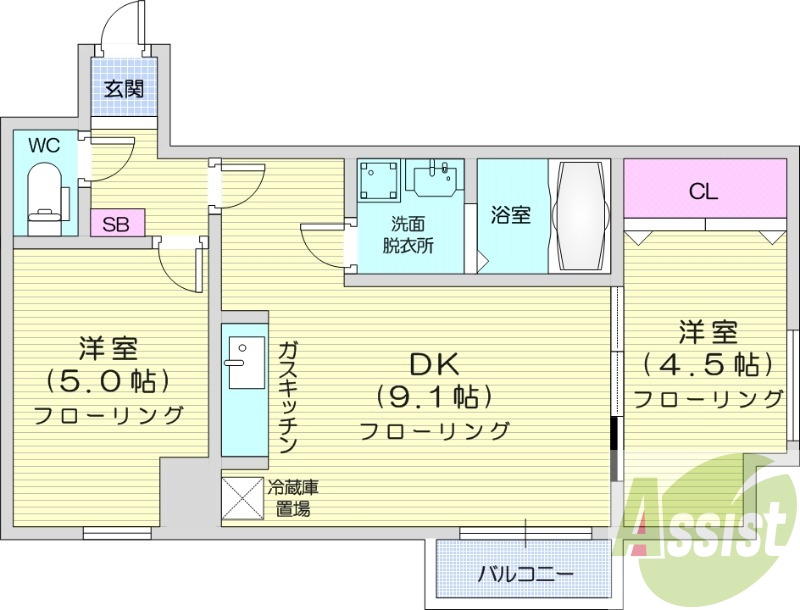 2LDK、バストイレ別、オートロック、エアコン