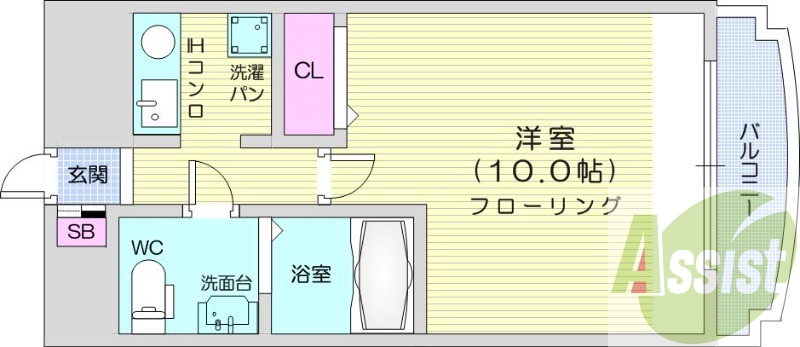 1K、都市ガス、バストイレ別、オートロック