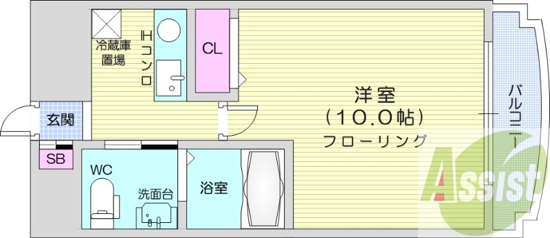 1K、都市ガス、バストイレ別、オートロック