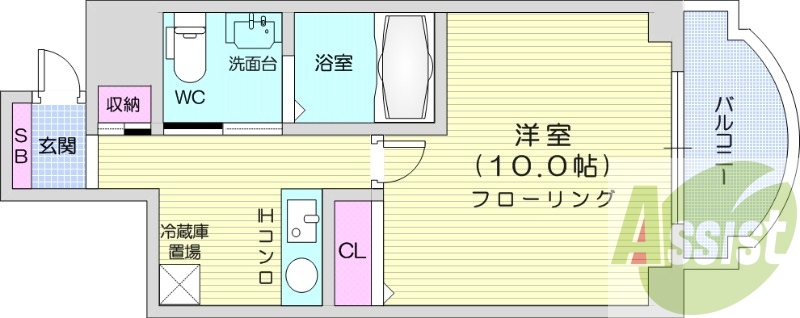 1K、都市ガス、バストイレ別、オートロック