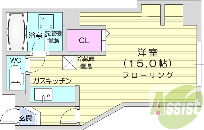 1R、エアコン、灯油暖房、オートロック、バストイレ別