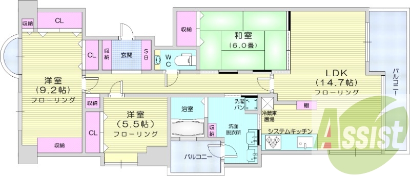 3LDK、都市ガス、エアコン、システムキッチン、追い焚き