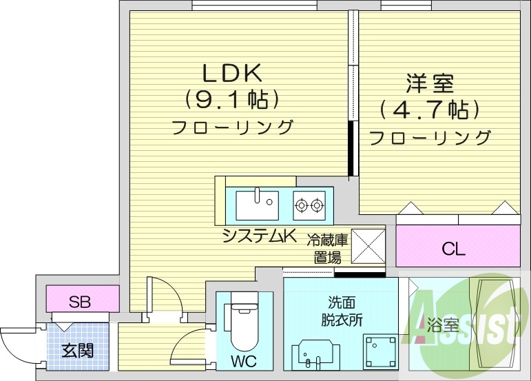 1LDK、エアコン、都市ガス、システムキッチン