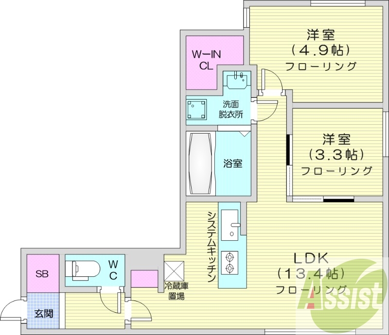 2LDK、エアコン、都市ガス、システムキッチン