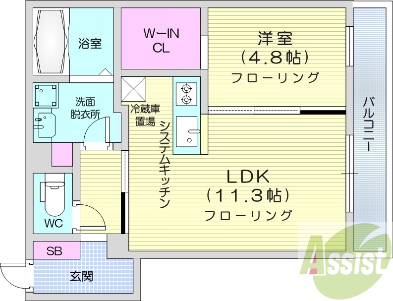 1LDK、エアコン、都市ガス、システムキッチン