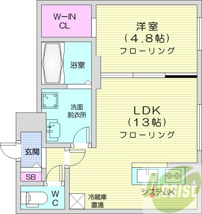 1LDK、エアコン、都市ガス、システムキッチン
