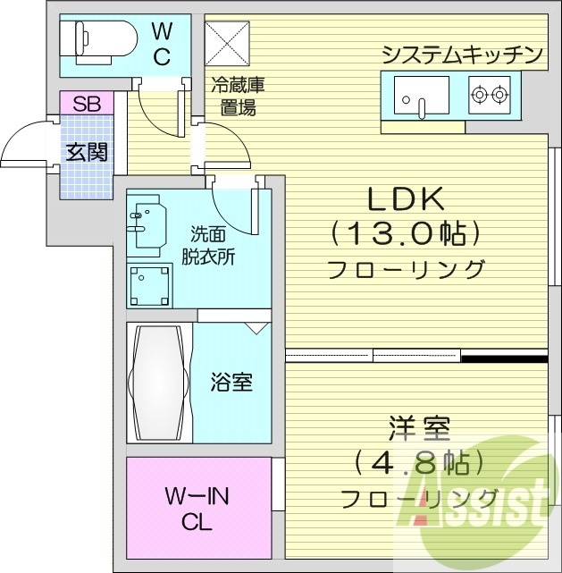 1LDK、エアコン、都市ガス、システムキッチン