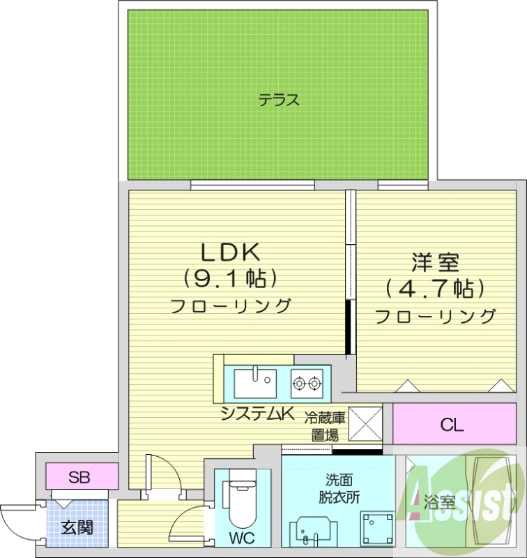 1LDK、エアコン、都市ガス、システムキッチン