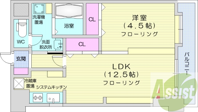 1LDK、都市ガス、追い焚き、エアコン、システムキッチン