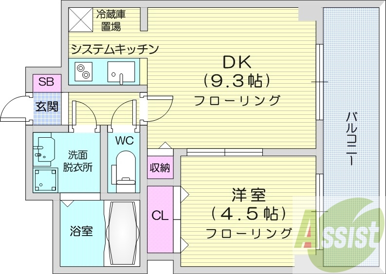 1LDK、都市ガス、モニター付きインターホン