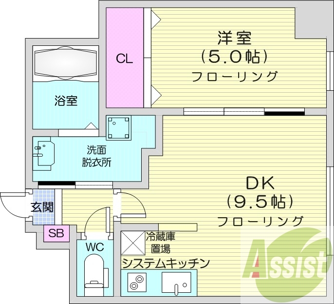 1LDK、角部屋、バストイレ別、エアコン