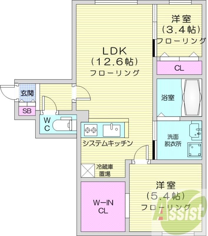 2LDK、エアコン、ガスリミット、システムキッチン