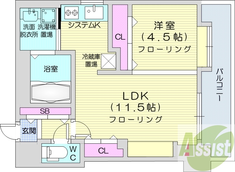 1LDK、都市ガス、追い焚き、エアコン、システムキッチン
