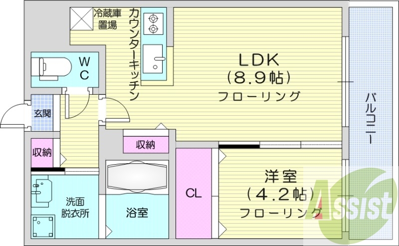 1LDK、収納、都市ガス、ネット無料、宅配BOX