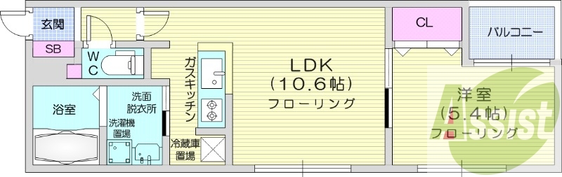 1LDK、都市ガス、ネット無料、エアコン、バストイレ別