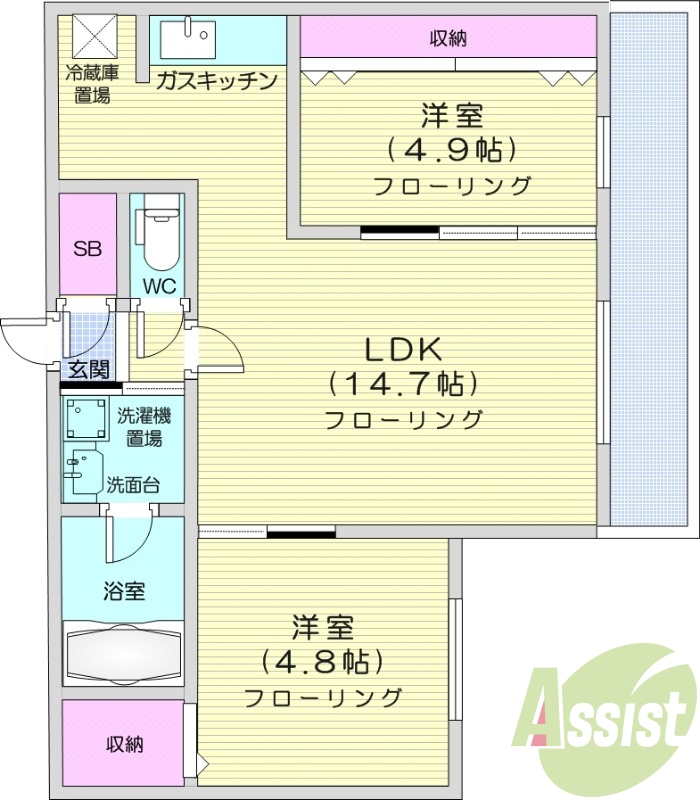 2LDK、角部屋、オートロック、ペット可、ネット無料