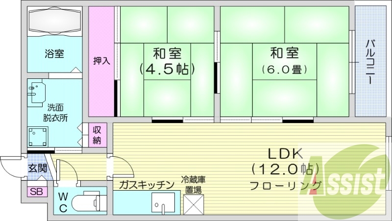 2LDK、バストイレ別、独立洗面台