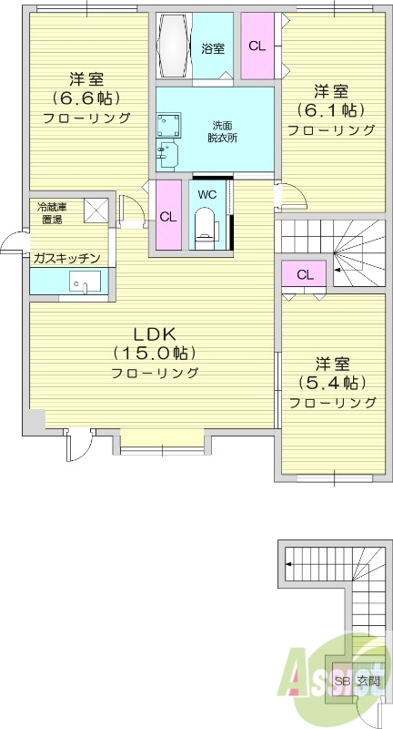 3LDK、浴室乾燥機、灯油暖房、バストイレ別