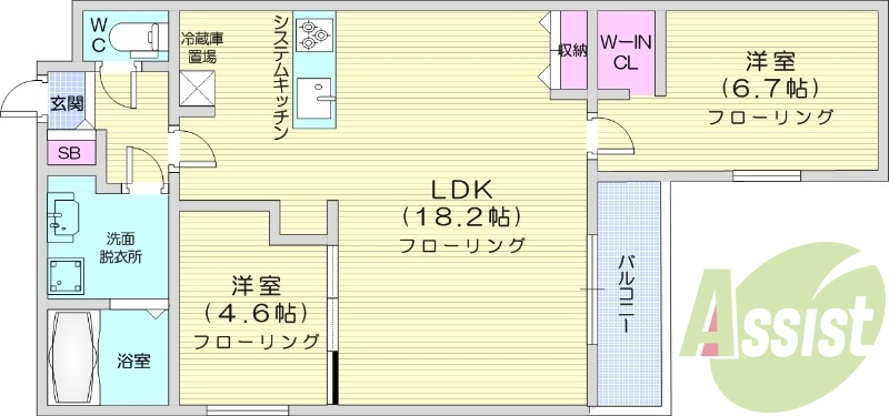 2LDK、エアコン、システムキッチン、ネット無料