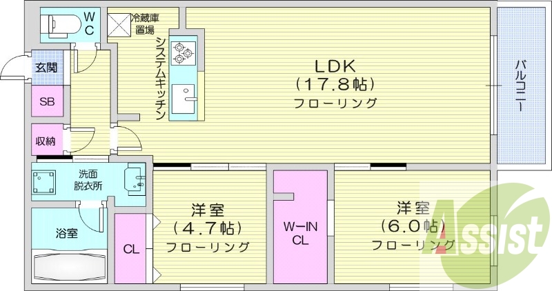 2LDK、エアコン、システムキッチン、ネット無料