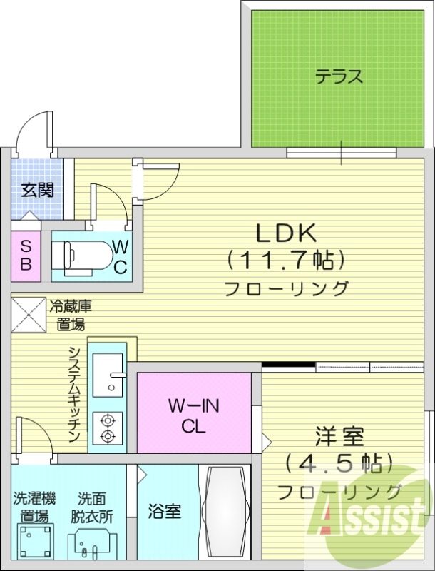 1LDK、都市ガス、エアコン、システムキッチン