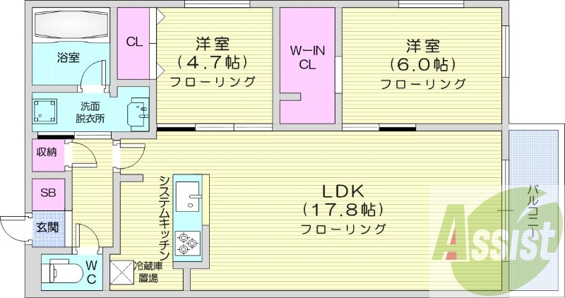 2LDK、エアコン、システムキッチン、ネット無料