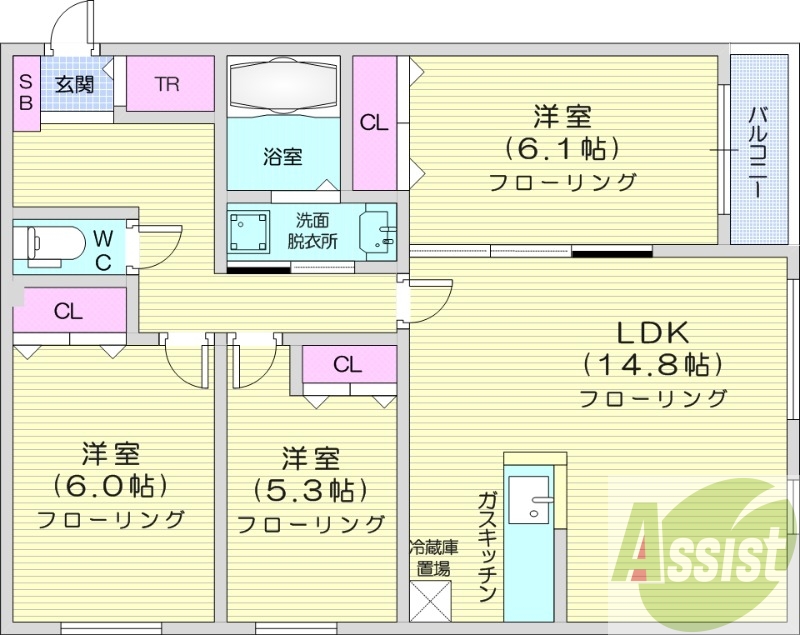 3LDK、エアコン、追い焚き、浴室乾燥機