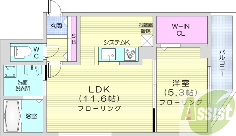 1LDK、エアコン、都市ガス、システムキッチン