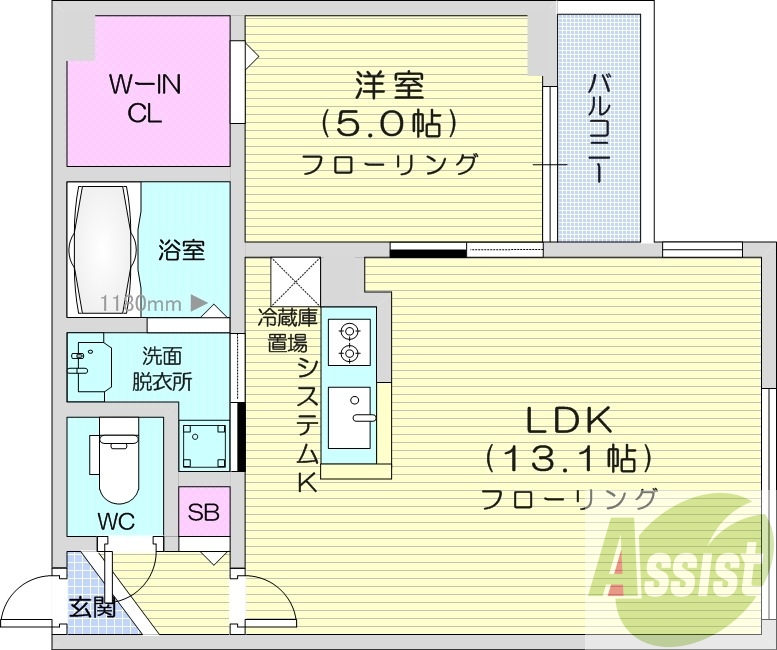 1LDK、エアコン、都市ガス、システムキッチン