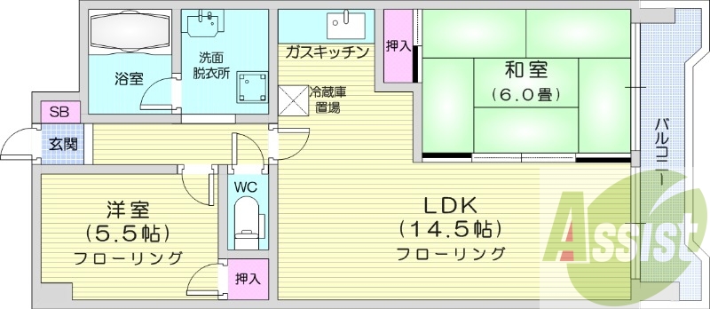 2LDK、都市ガス、分譲、システムキッチン、エアコン