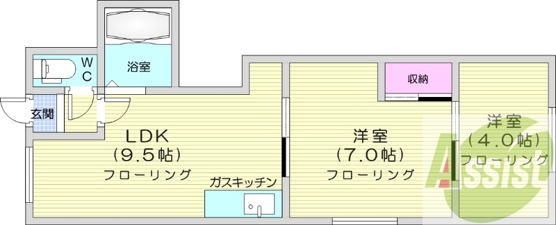 2LDK、バス・トイレ別、灯油暖房、シャワートイレ