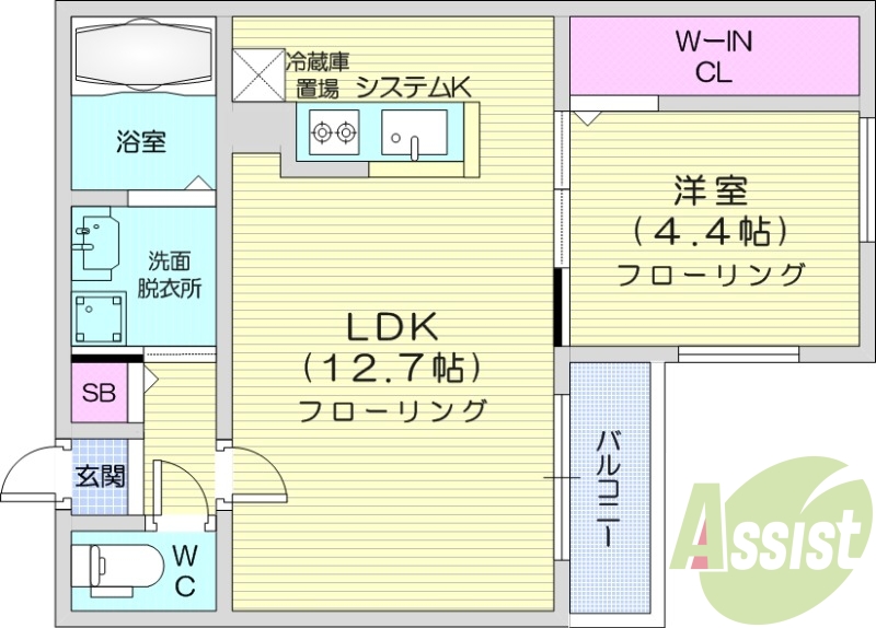 1LDK、エアコン、都市ガス、システムキッチン