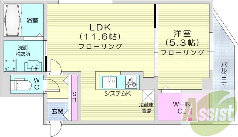 1LDK、エアコン、都市ガス、システムキッチン