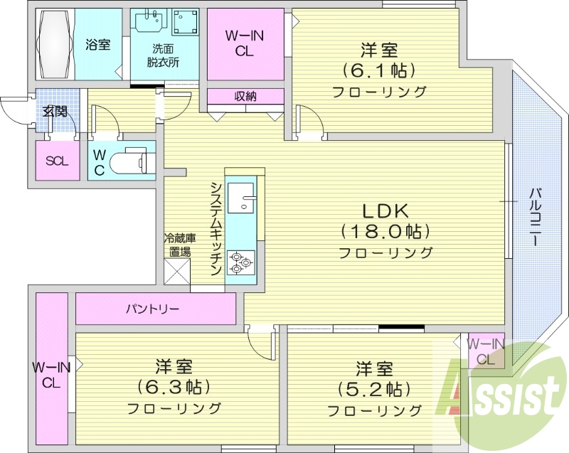 3LDK、エアコン、都市ガス、システムキッチン