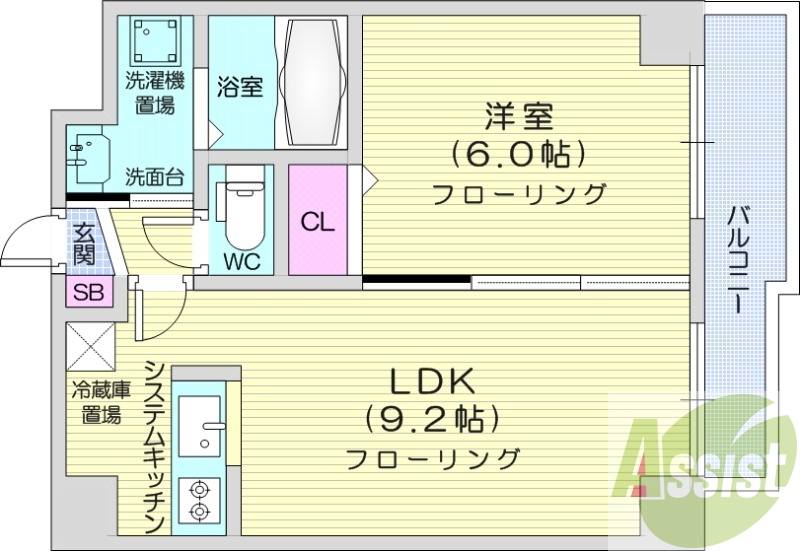 1LDK、エアコン、独立洗面台、システムキッチン、
