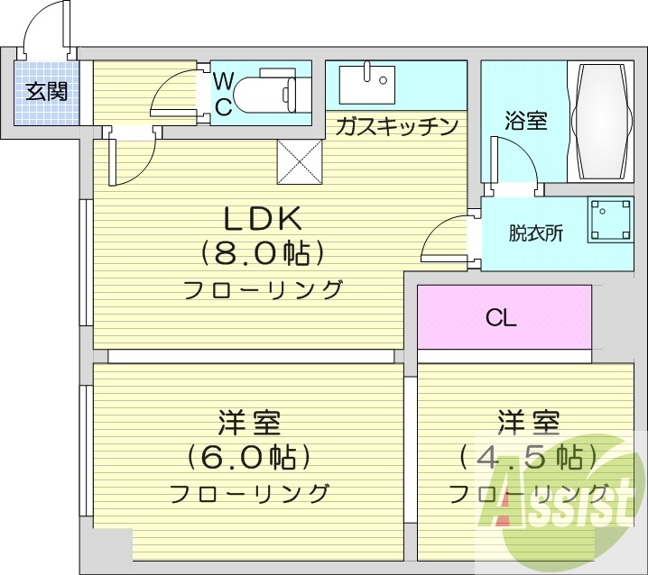 2DK、エアコン、バストイレ別、カメラ付きインターホン