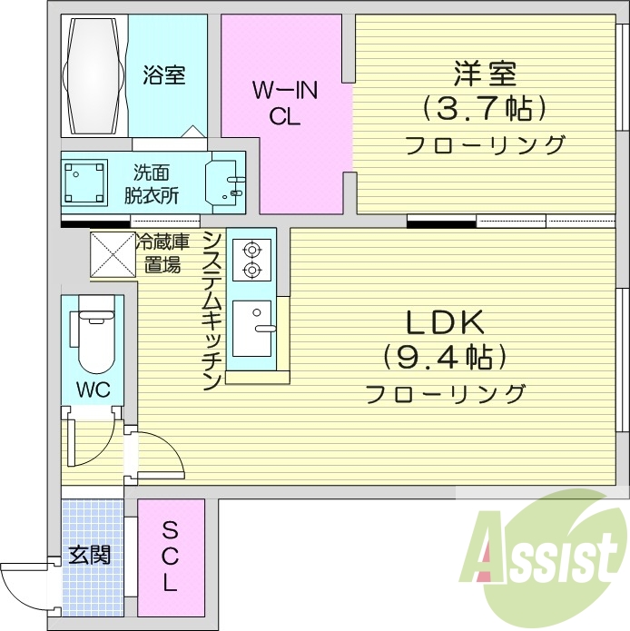 1LDK、エアコン、システムキッチン、都市ガス