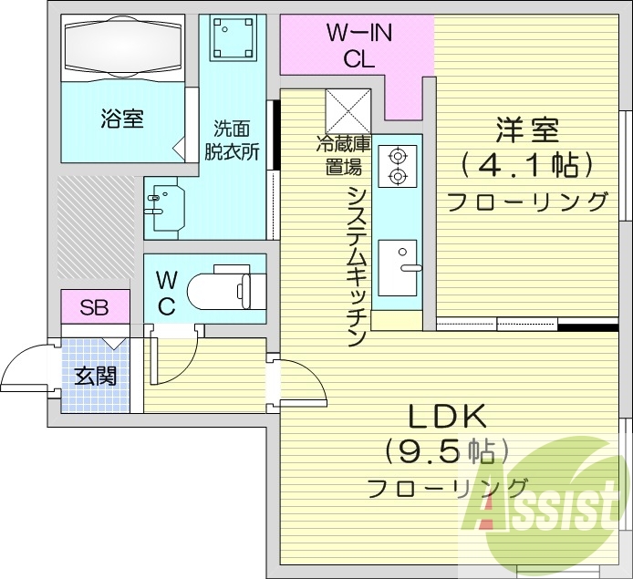 1LDK、エアコン、システムキッチン、都市ガス
