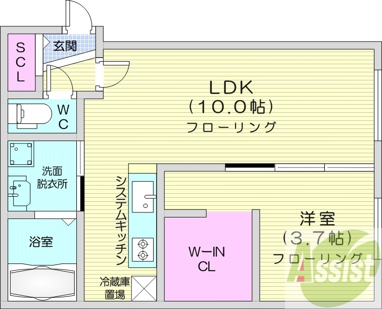 1LDK、エアコン、システムキッチン、都市ガス