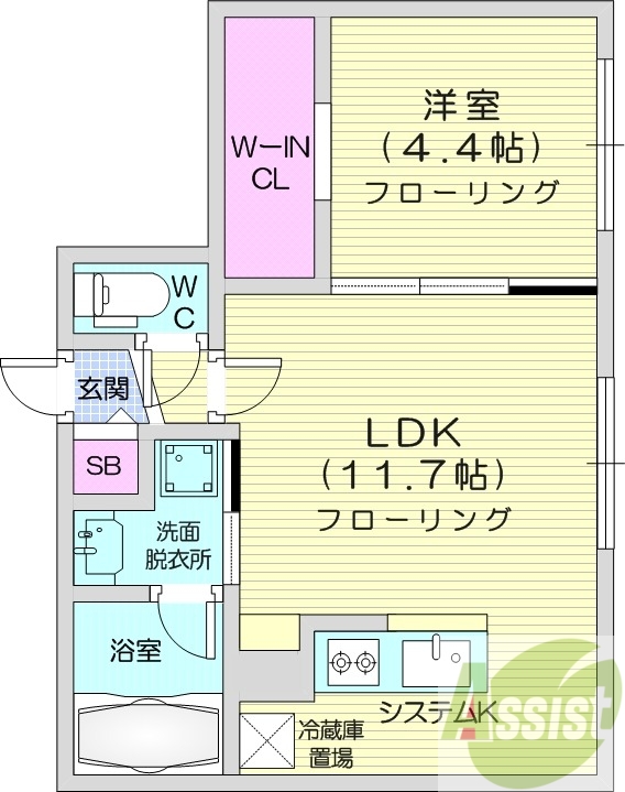 1LDK、エアコン、システムキッチン、ネット無料