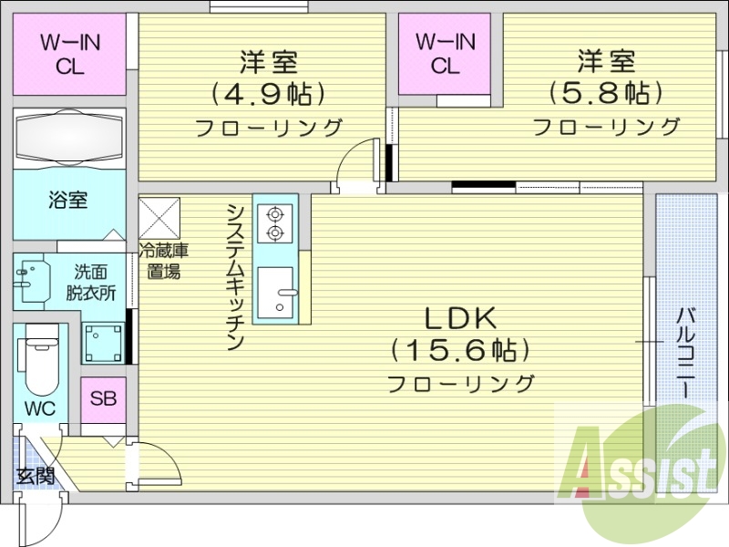 2LDK、エアコン、システムキッチン、ネット無料