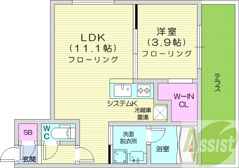 1LDK、エアコン、システムキッチン、ネット無料